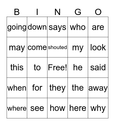 Sight Words  Bingo Card