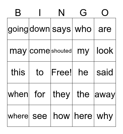 Sight Words  Bingo Card