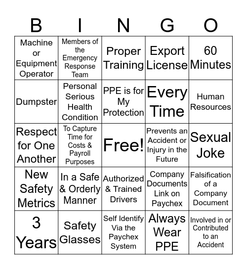 SAFETY & POLICY UPDATE Bingo Card