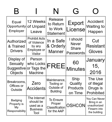 SAFETY & POLICY UPDATE Bingo Card