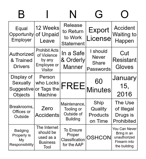 SAFETY & POLICY UPDATE Bingo Card