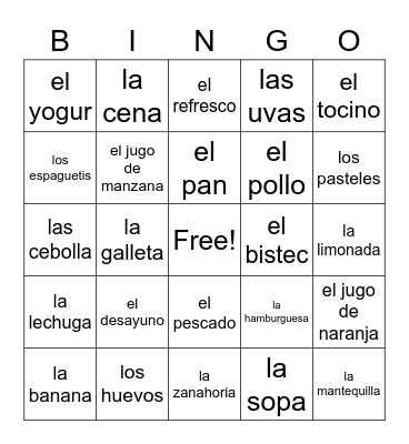 la comida Bingo Card