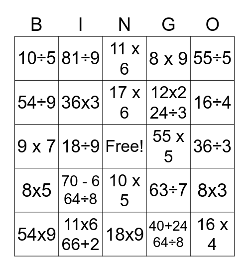 Equation Bingo Card