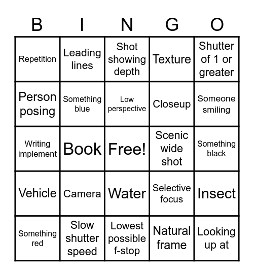 Photography Bingo Card