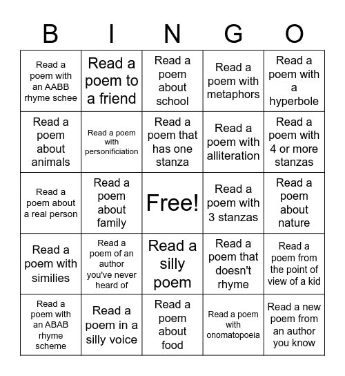 Poetry Bingo Card