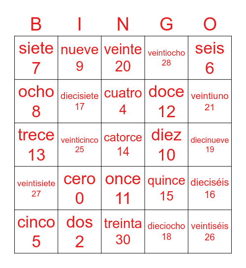 Números 1-30 Bingo Card