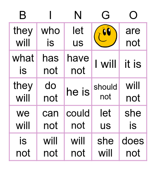 contraction Bingo Card