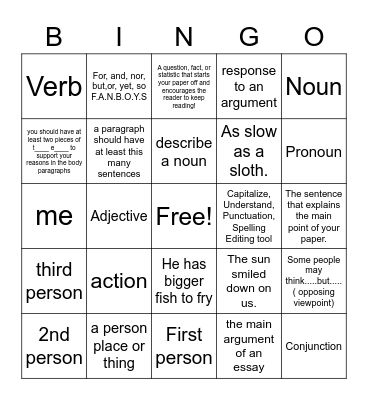 7th grade Language Arts Bingo Card