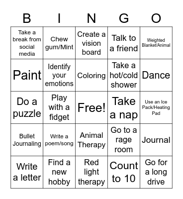 Coping Skills Bingo Card