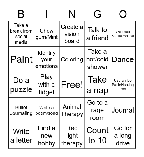 Coping Skills Bingo Card