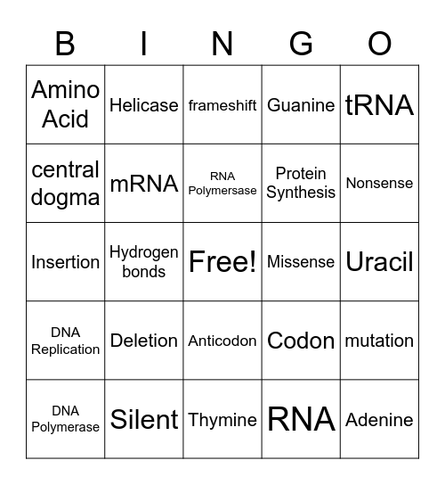 DNA and Protein Synthesis Bingo Card