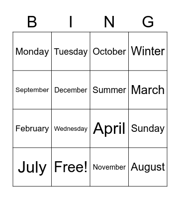 French Days, Months, Seasons Bingo Card