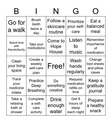 The importance of Self-Care, Hygiene, and Medications Bingo Card