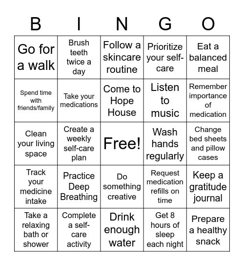 The importance of Self-Care, Hygiene, and Medications Bingo Card
