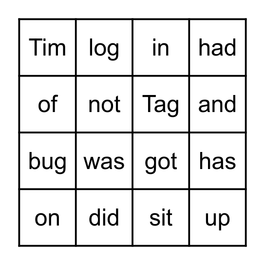 Tim Vocabulary Bingo Card