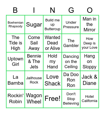 Name That Tune Bingo Card