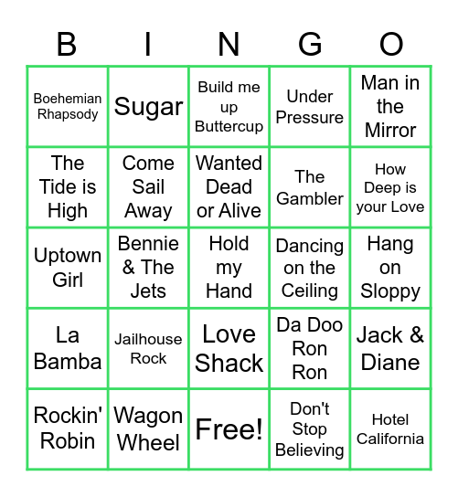 Name That Tune Bingo Card