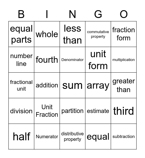 Fraction Vocabulary Bingo Card