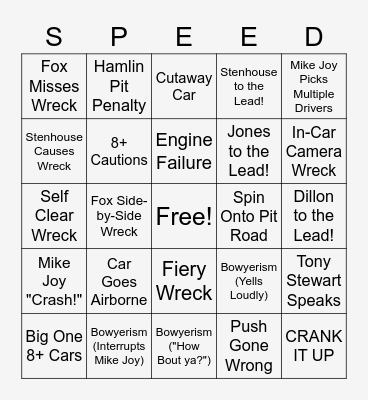 NASCAR Talladega Bingo Card
