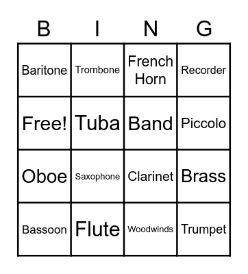 Woodwind and Brass Bingo Card