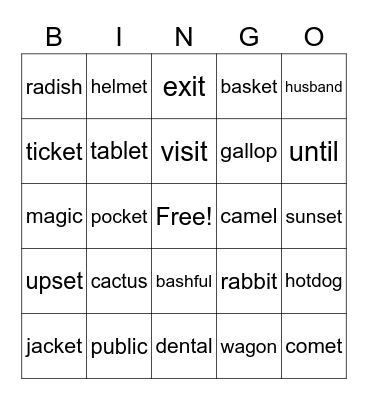 2-Syllable Short Vowel Words Bingo Card