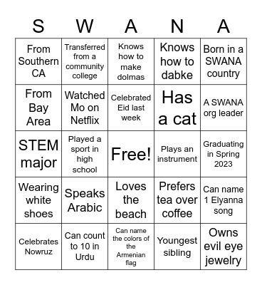 SWANA Bingo Card