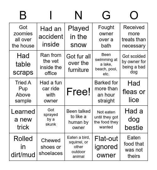 "Has Your Dog Ever" Bingo Card