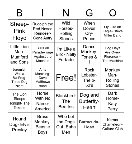 Songs with an Animal in the Name Bingo Card