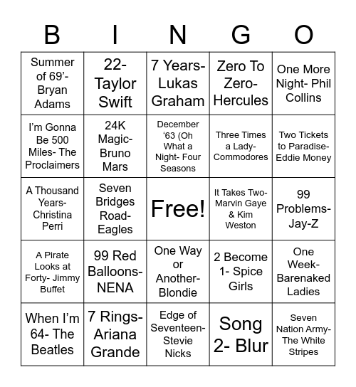 Songs With A Number in the Title Bingo Card