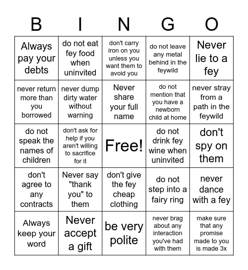 Rules of th Fey Bingo Card