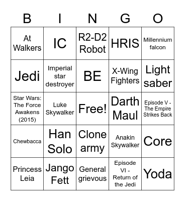 Star Wars Bingo Card