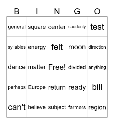 Fry Words 501-524 Bingo Card