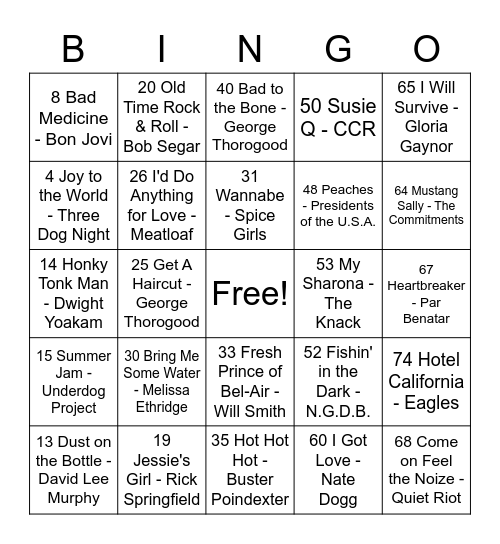 Rock and Roll 2 Bingo Card