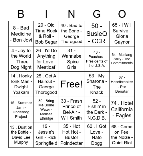 Rock and Roll 2 Bingo Card