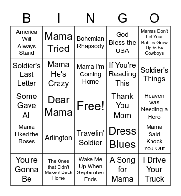 Mother's and Memorial Day Bingo Card