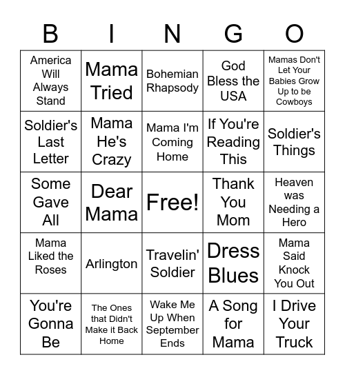 Mother's and Memorial Day Bingo Card
