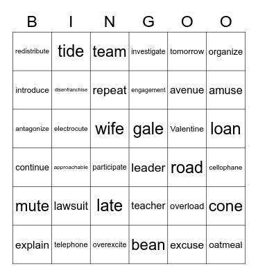 Syllables- Make Tracks Bingo Card