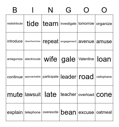 Syllables- Make Tracks Bingo Card
