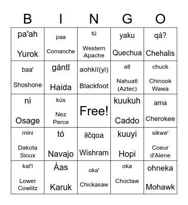 How do you say water? Bingo Card