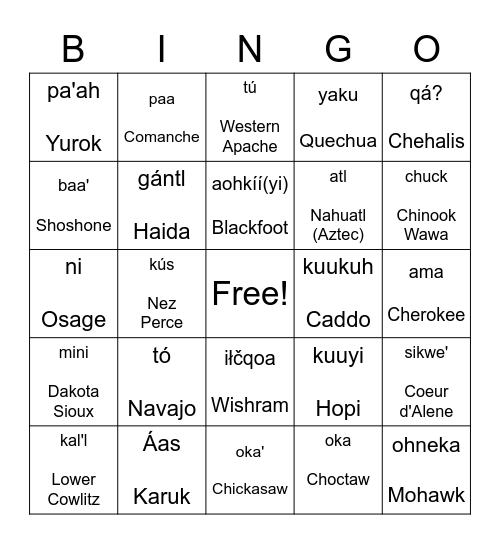 How do you say water? Bingo Card