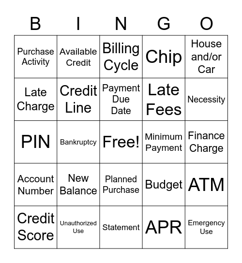 $Credit and Debit$ Bingo Card