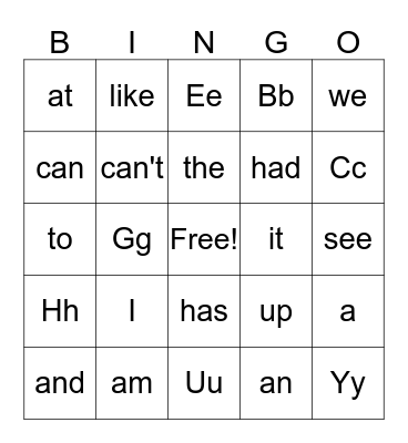 Weeks 1-11 and Letters Bingo Card