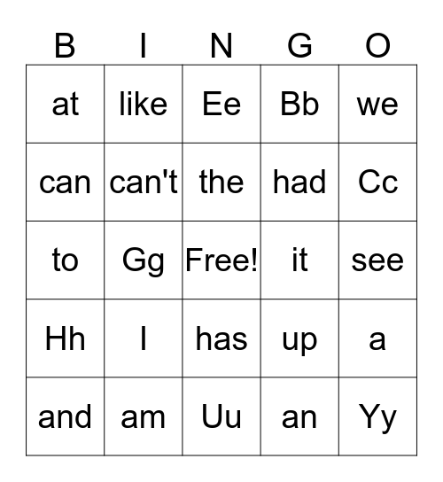 Weeks 1-11 and Letters Bingo Card