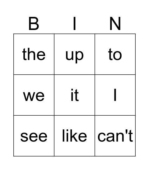 Kindergarten BINGO Card