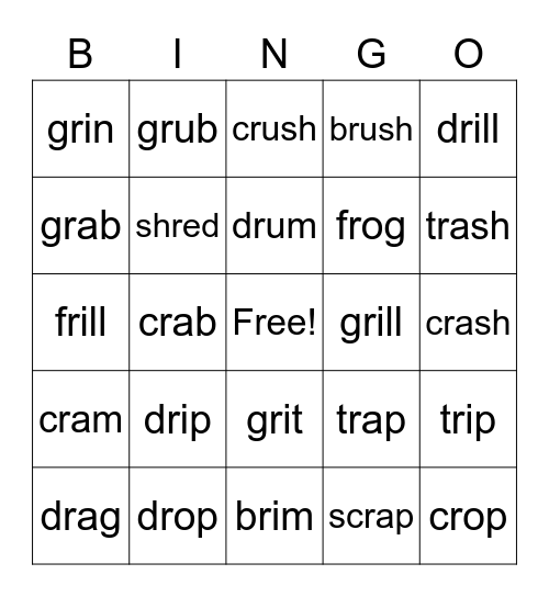 Beginning r-Blends Bingo Card
