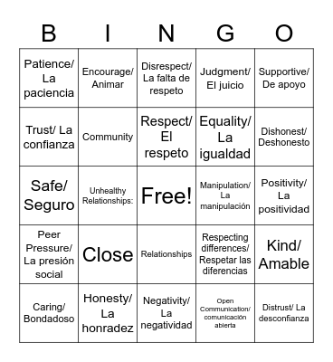 Healthy Relationships Bingo Card