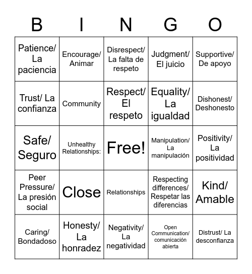 Healthy Relationships Bingo Card