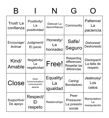 Healthy Relationships Bingo Card