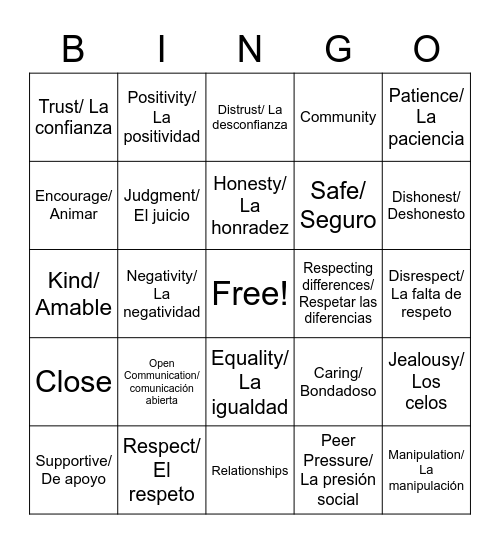 Healthy Relationships Bingo Card
