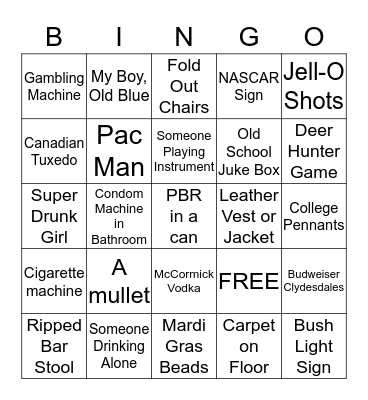 Dive Bar Pub Crawl Bingo Card